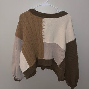 Pol color block tie back sweater (tan, green, and cream) -medium-
